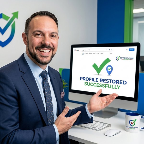 Google Business Profile restored visualization showing a map pin with restored status